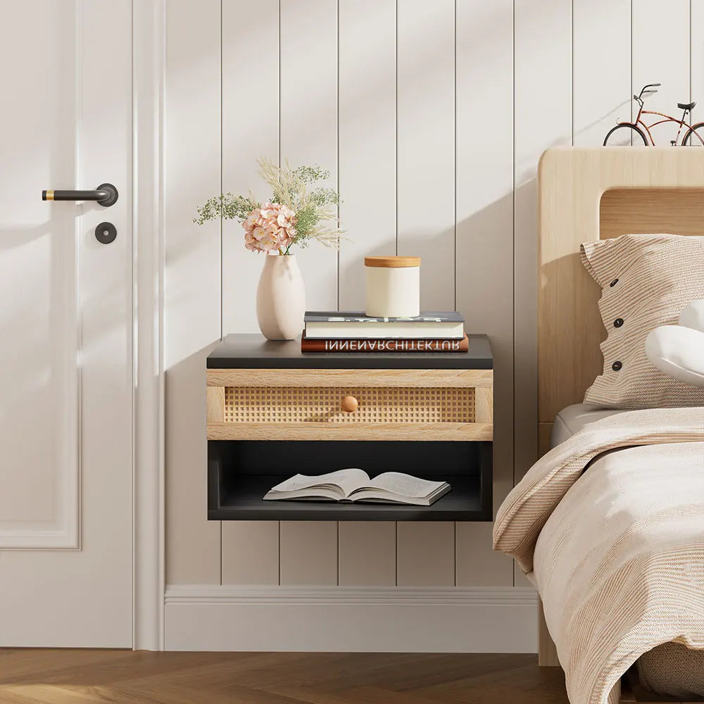 Floating Wall Mounted Bedside Table with Rattan Drawer