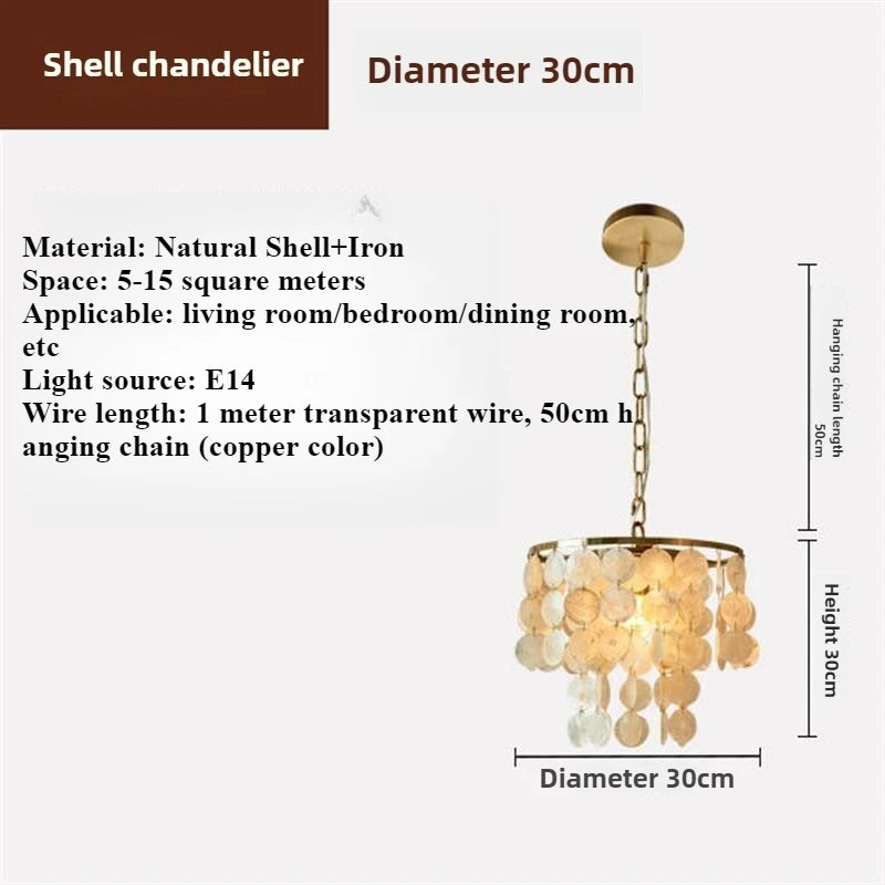 A shell chandelier pendant light with a gold-toned metal frame, hanging chain, and multiple natural shell discs in warm beige and cream tones. The image includes dimension labels showing a diameter of 30cm and height of 30cm, plus text listing material as natural shell and iron, suitable spaces, and light source details.