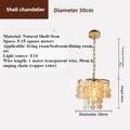 A shell chandelier pendant light with a gold-toned metal frame, hanging chain, and multiple natural shell discs in warm beige and cream tones. The image includes dimension labels showing a diameter of 30cm and height of 30cm, plus text listing material as natural shell and iron, suitable spaces, and light source details.