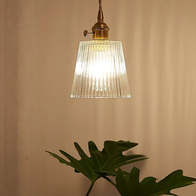Vintage Ribbed Glass Pendant Light with Brass Finish