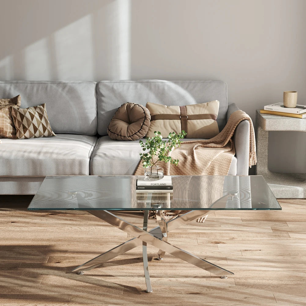 Breeins Modern Clear Glass Coffee Table with Stainless Steel X-Base – Rectangular Contemporary Living Room Table