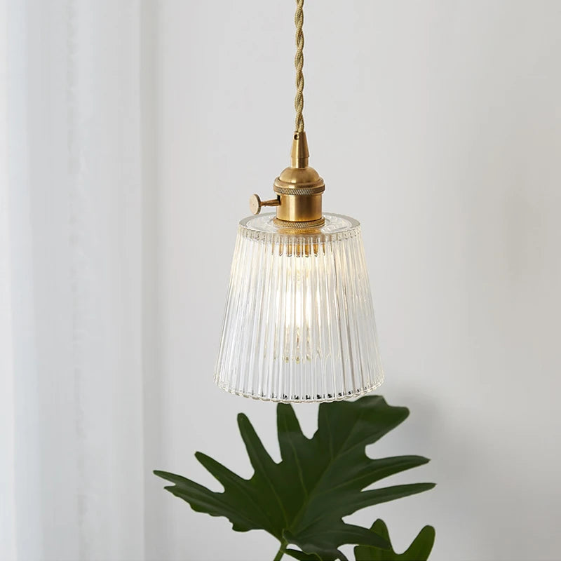 Vintage Ribbed Glass Pendant Light with Brass Finish