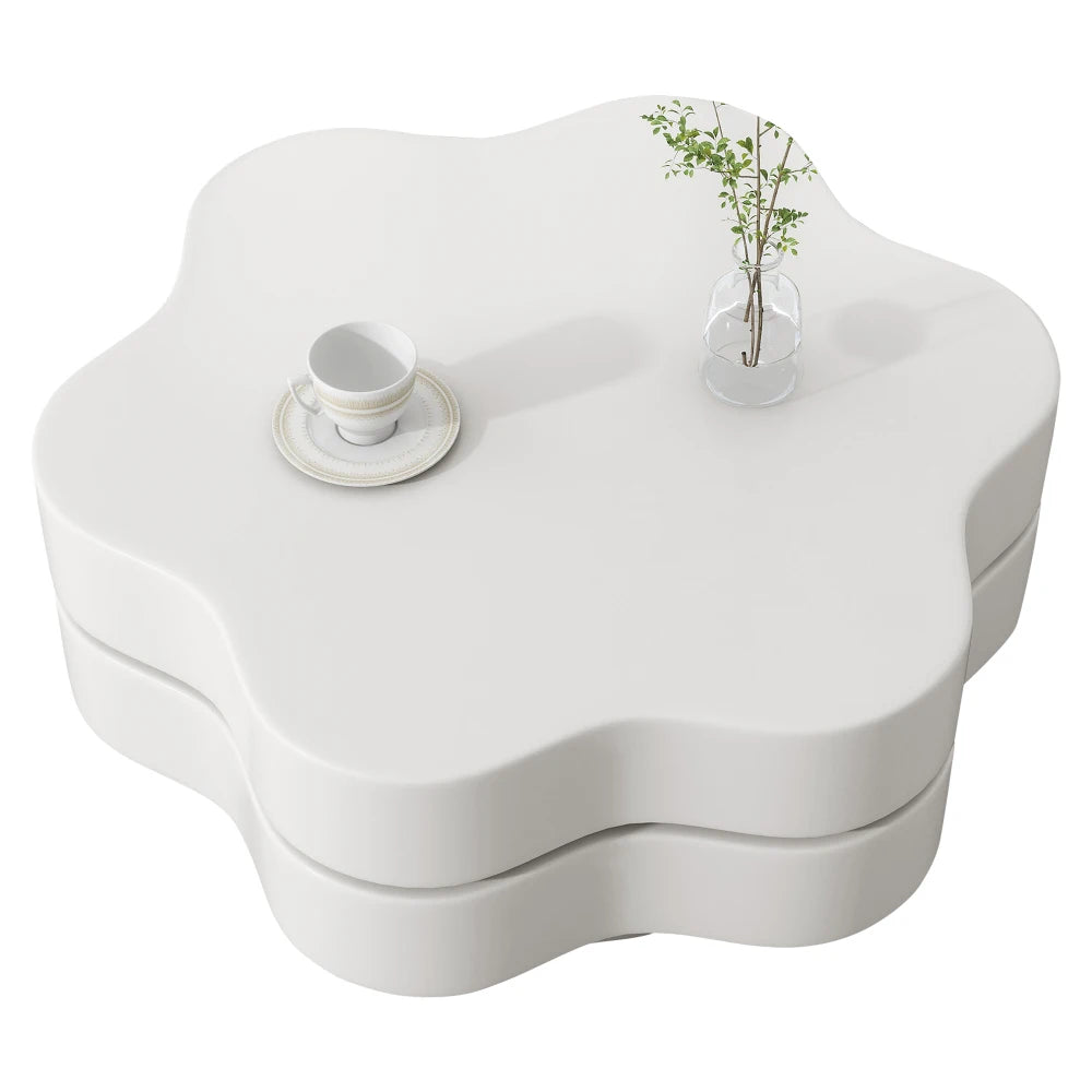PINGGO Flower-Shaped Rotating Coffee Table - 2-Tier White MDF Rotating End Table & Sofa Side Table