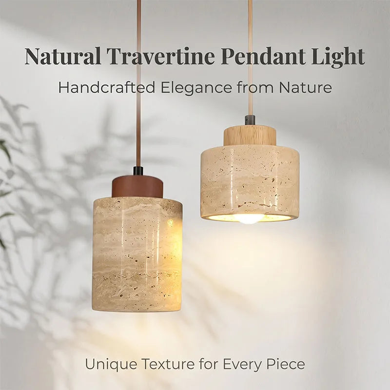Two natural travertine pendant lights with a soft glow on a neutral background.