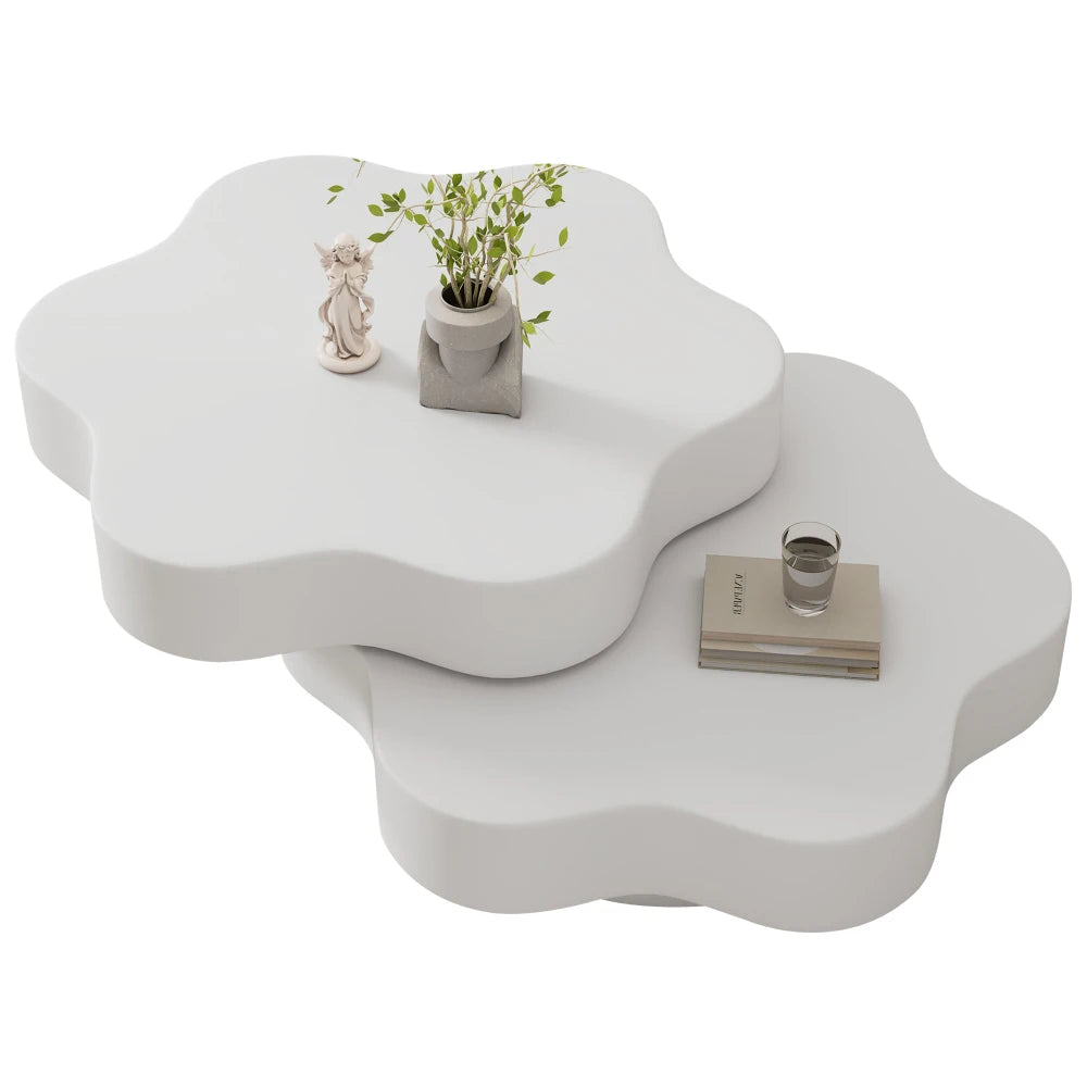PINGGO Flower-Shaped Rotating Coffee Table - 2-Tier White MDF Rotating End Table & Sofa Side Table