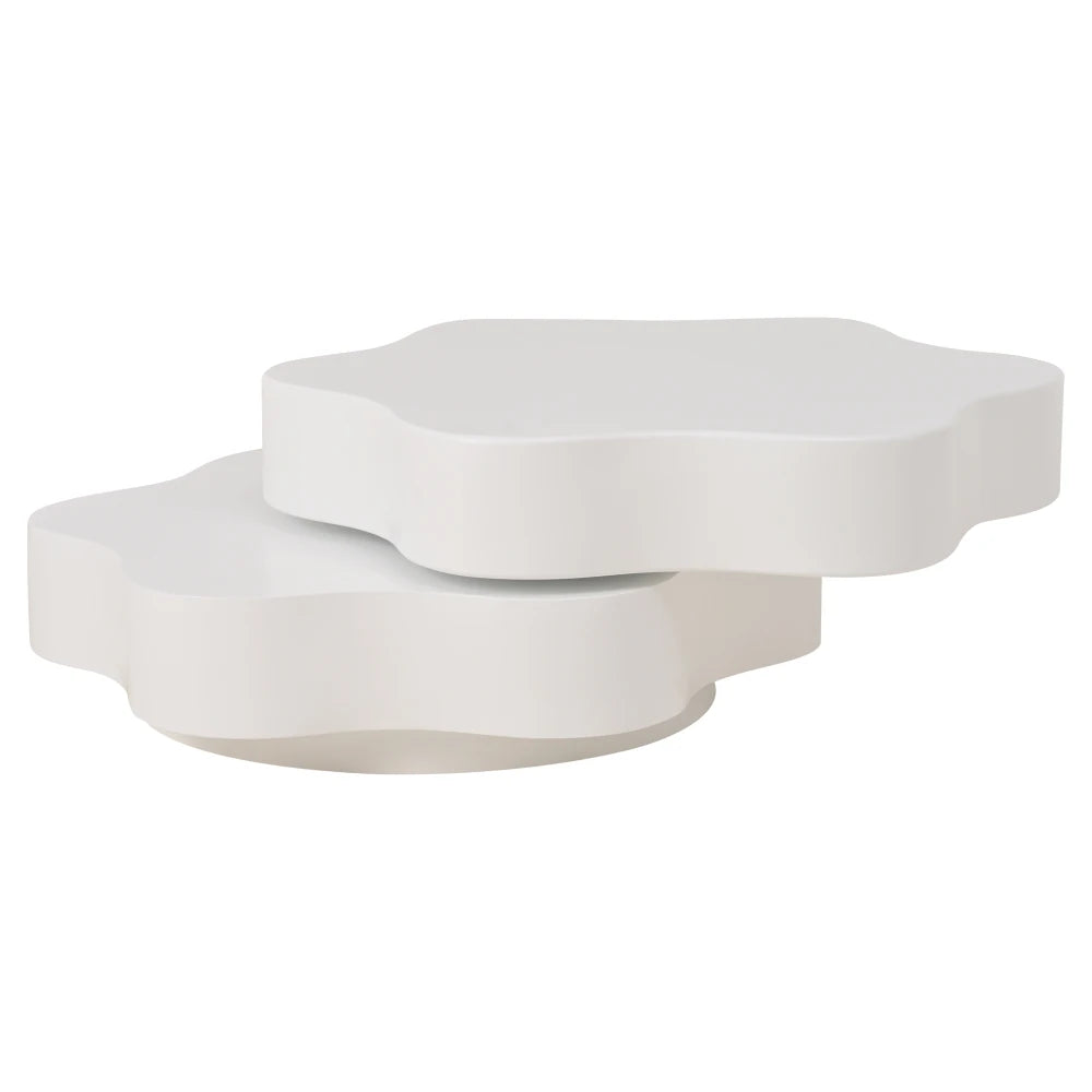 PINGGO Flower-Shaped Rotating Coffee Table - 2-Tier White MDF Rotating End Table & Sofa Side Table