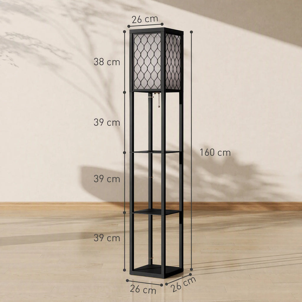 Black metal shelving unit with a wire mesh top panel and four open shelves, shown with dimension labels (160 cm height, 26 cm top/bottom width, and 39 cm shelf spacing) against a beige wall and wood floor.