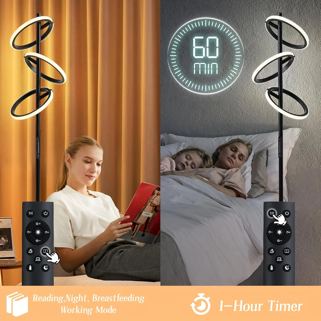 A split-panel product demonstration of a black spiral-arm floor lamp with a remote control. The left panel shows a woman reading under warm orange curtains, and the right panel shows a couple sleeping under a gray bedroom wall.
