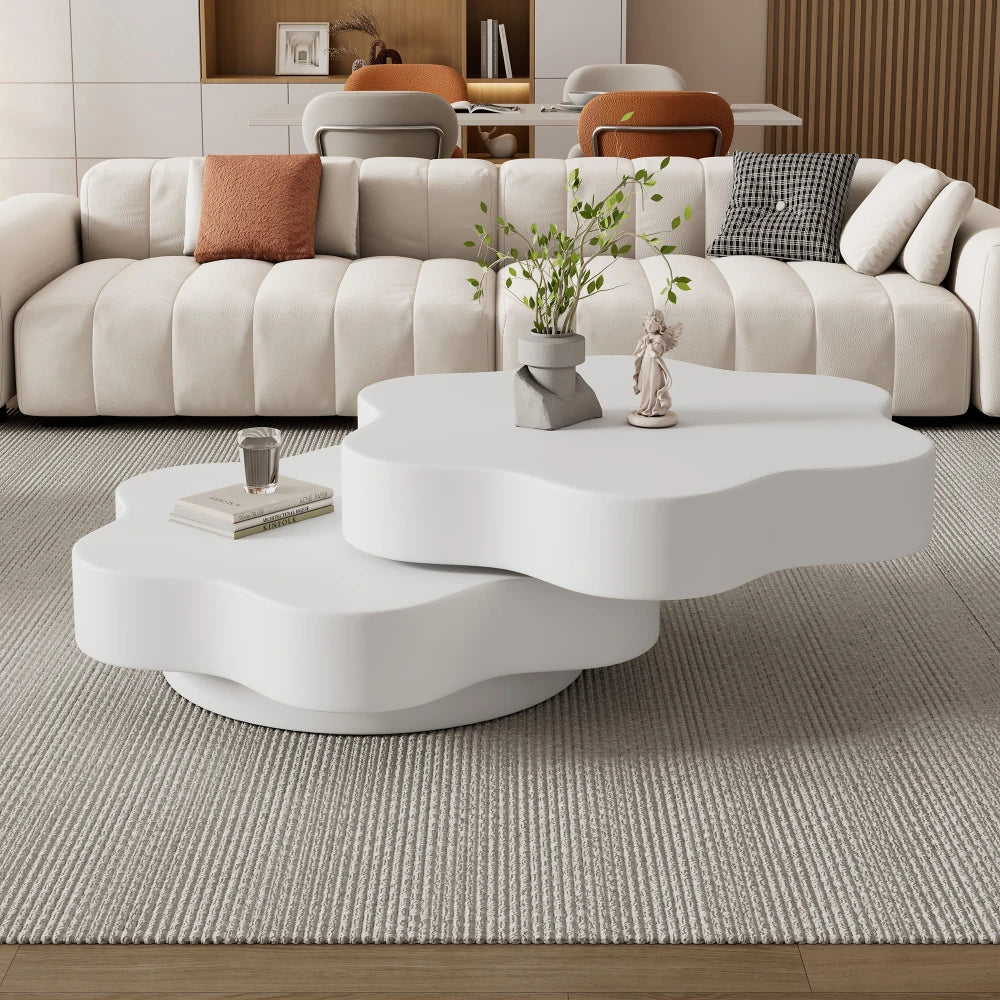 PINGGO Flower-Shaped Rotating Coffee Table - 2-Tier White MDF Rotating End Table & Sofa Side Table