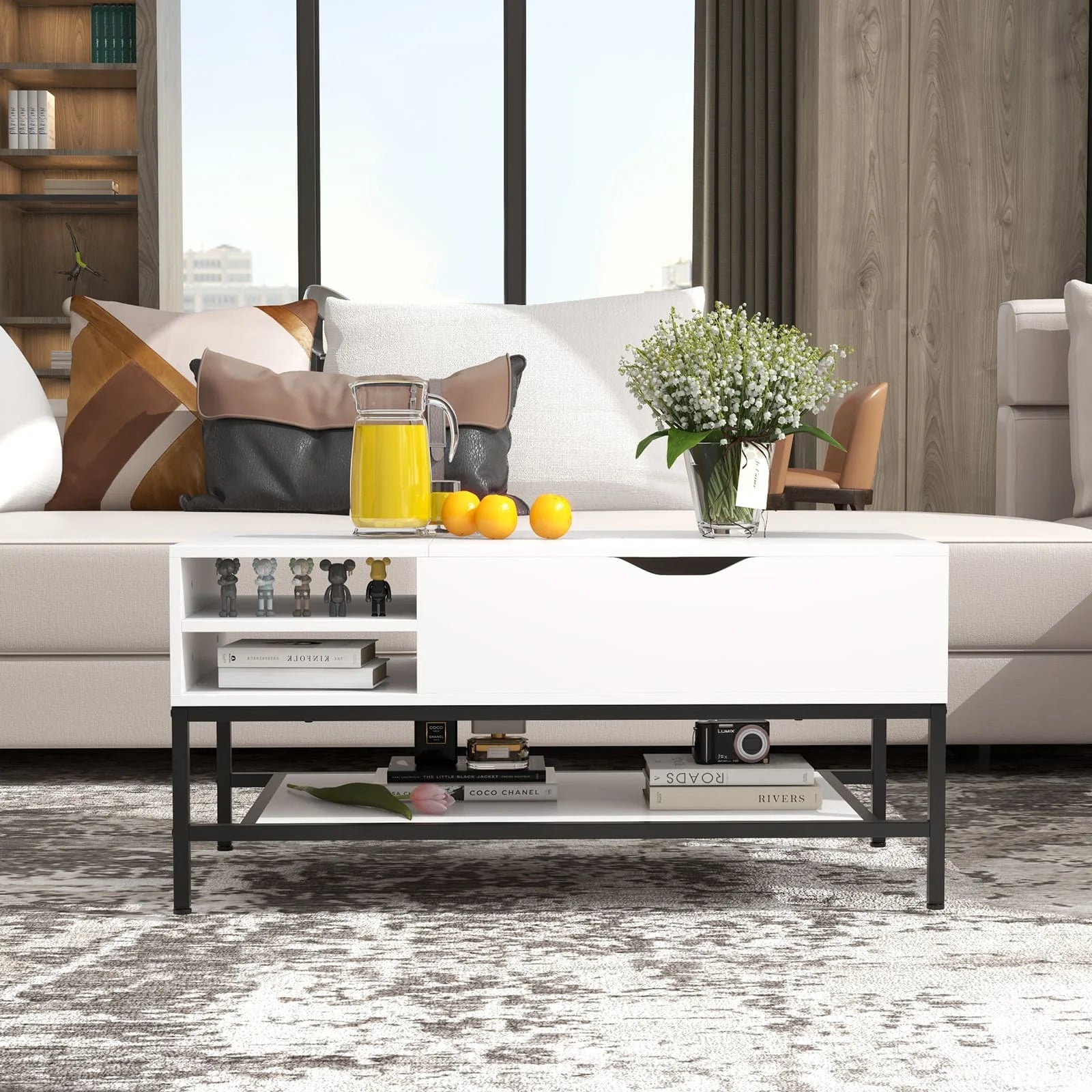 White Lift Top Coffee Table with Storage - Modern Lift-Up Living Room Table