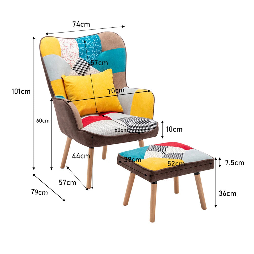 Multicoloured Wingback Armchair with Footstool