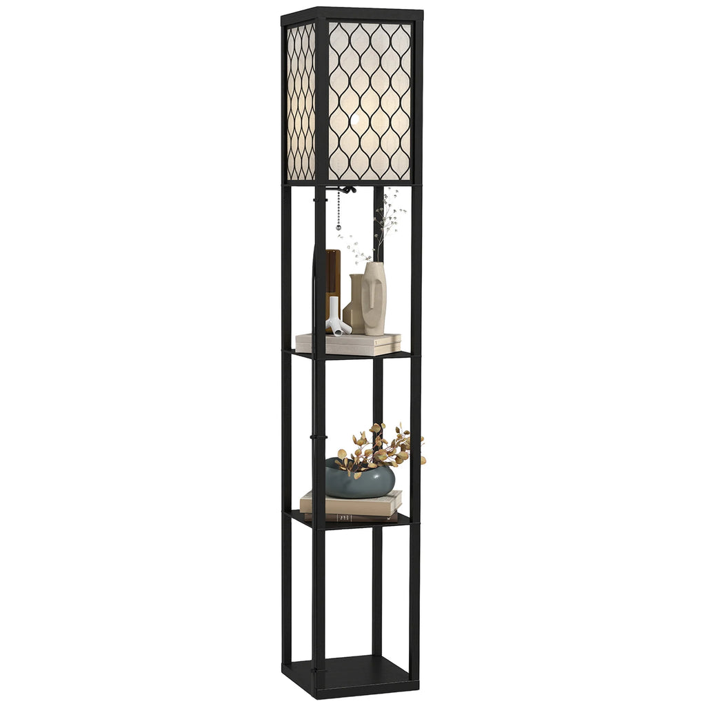 Black floor lamp with decorative shelves on a white background