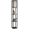 Black floor lamp with decorative shelves on a white background