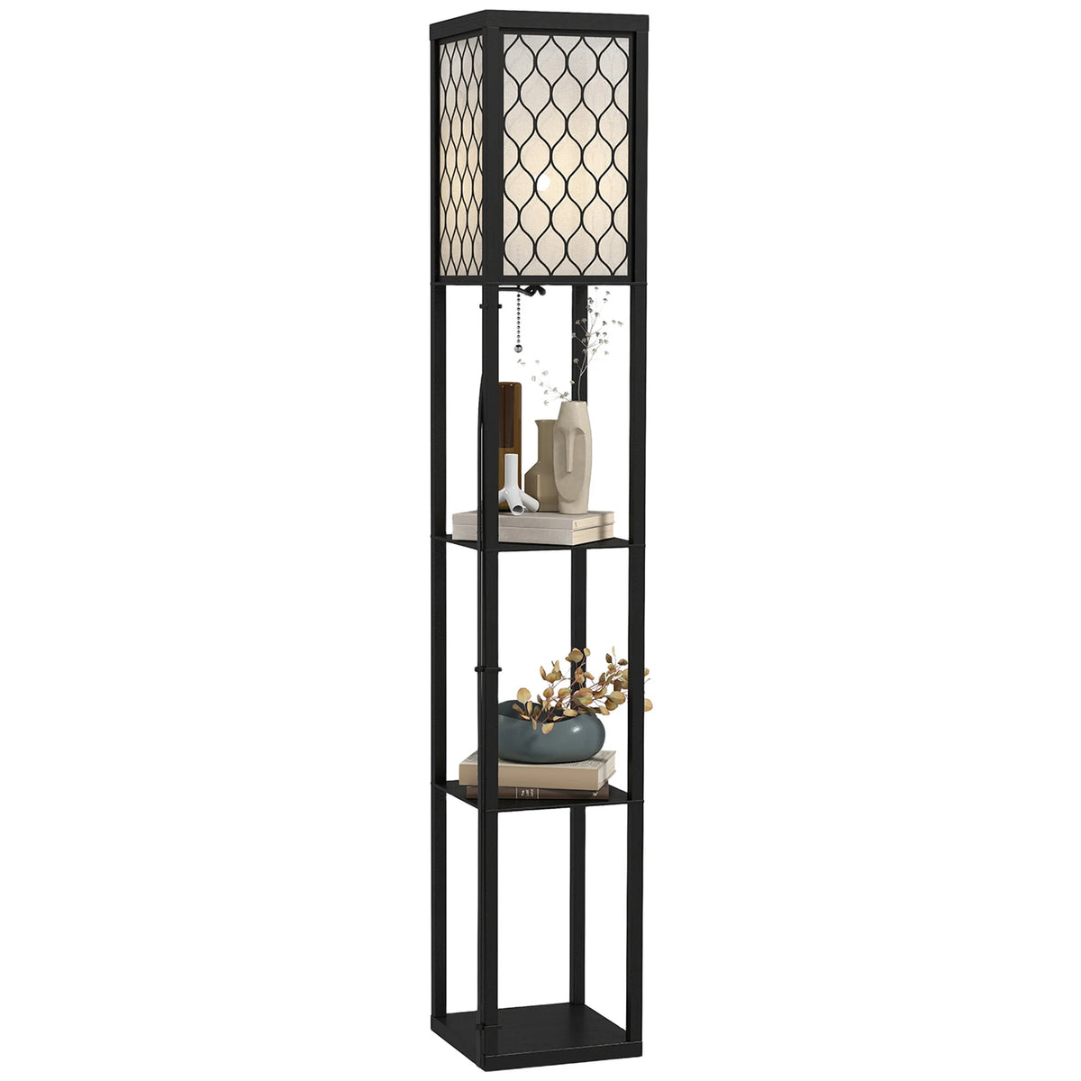 Black floor lamp with decorative shelves on a white background