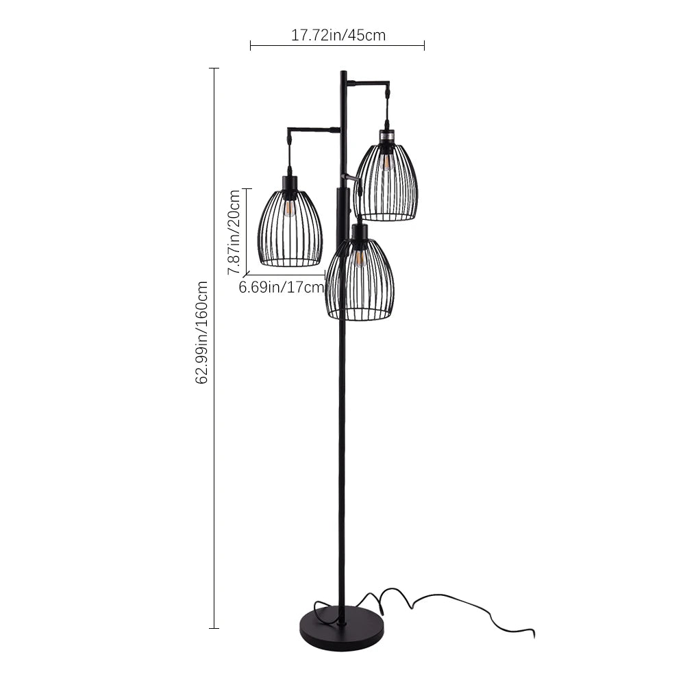 Black floor lamp with cage-like design on a white background, showing dimensions.