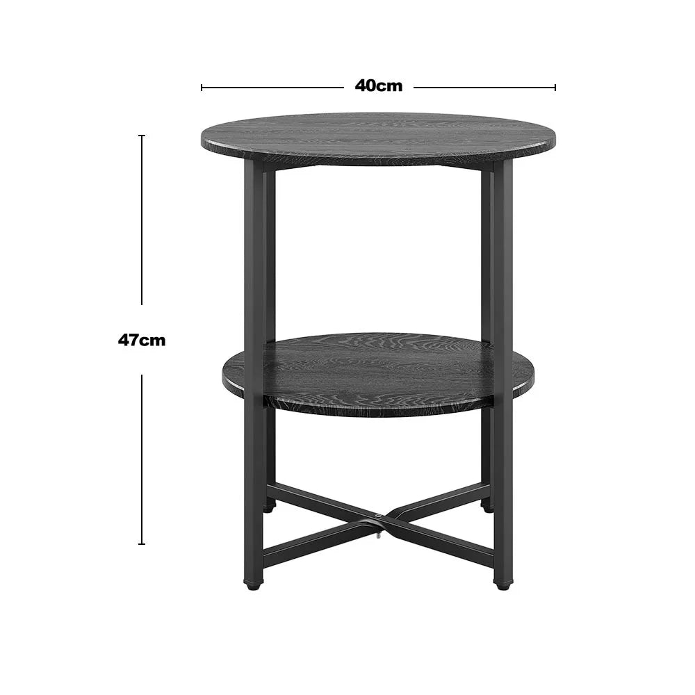 Black round coffee table with two tier in a white background with its dimensions displayed 