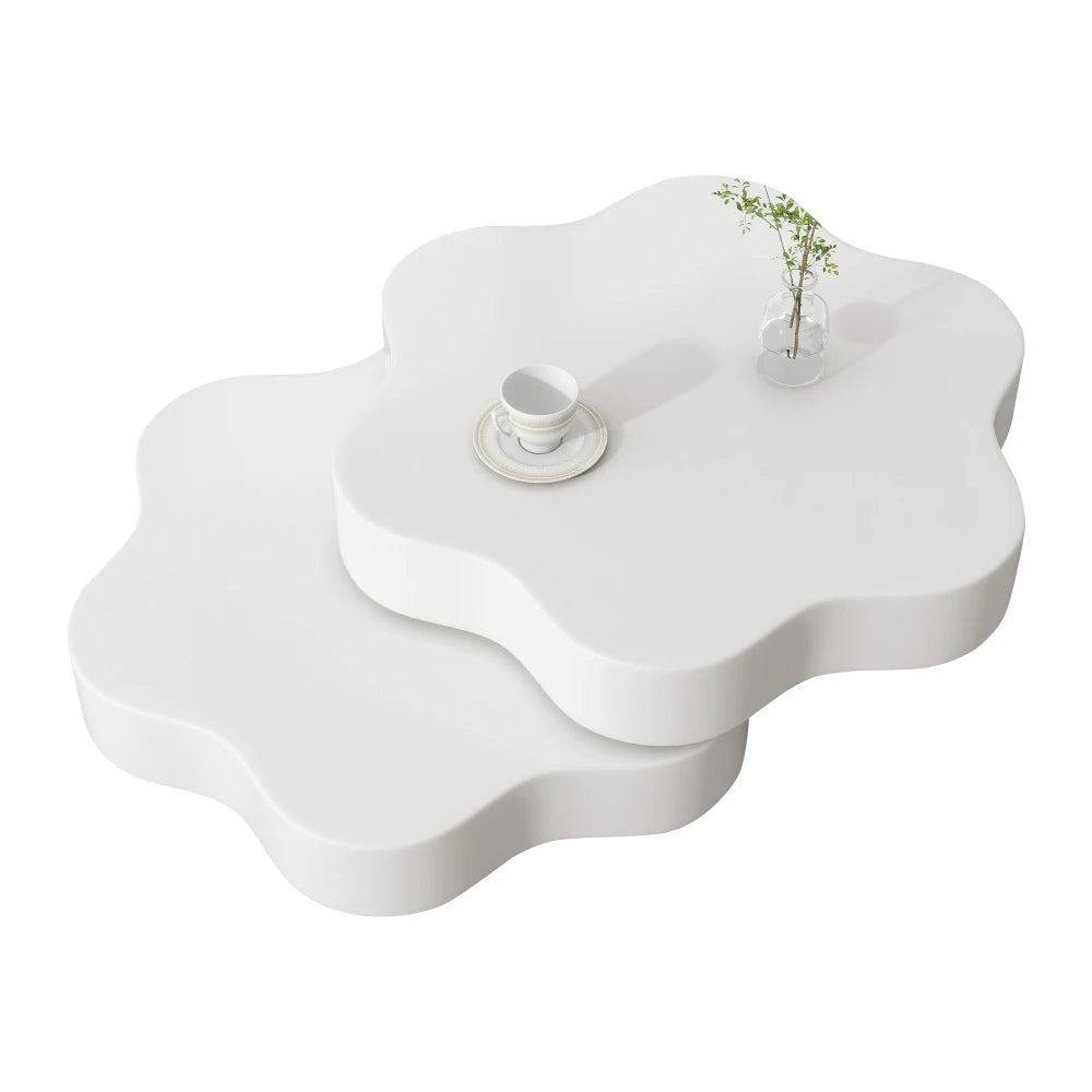 PINGGO Flower-Shaped Rotating Coffee Table - 2-Tier White MDF Rotating End Table & Sofa Side Table