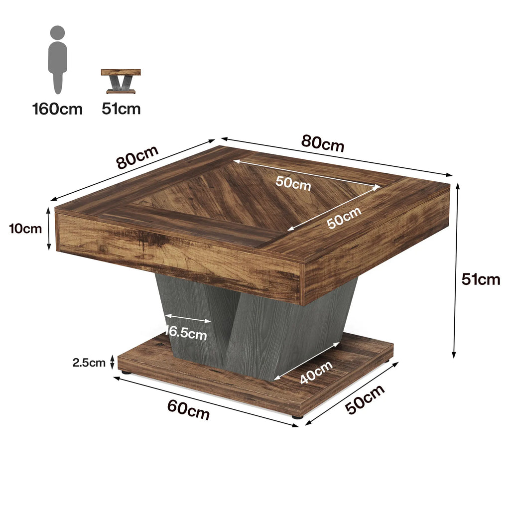 Wooden coffee table with dimensions labeled on a white background