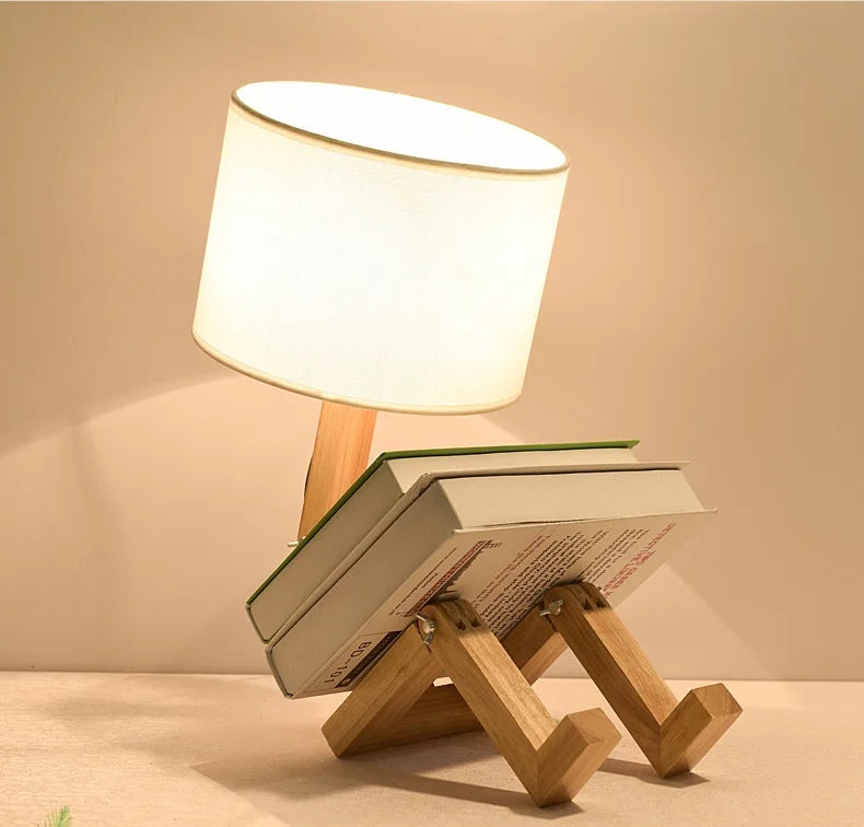 Artisan Wooden Robot Table Lamp | Modern Adjustable Sculptural Desk Light
