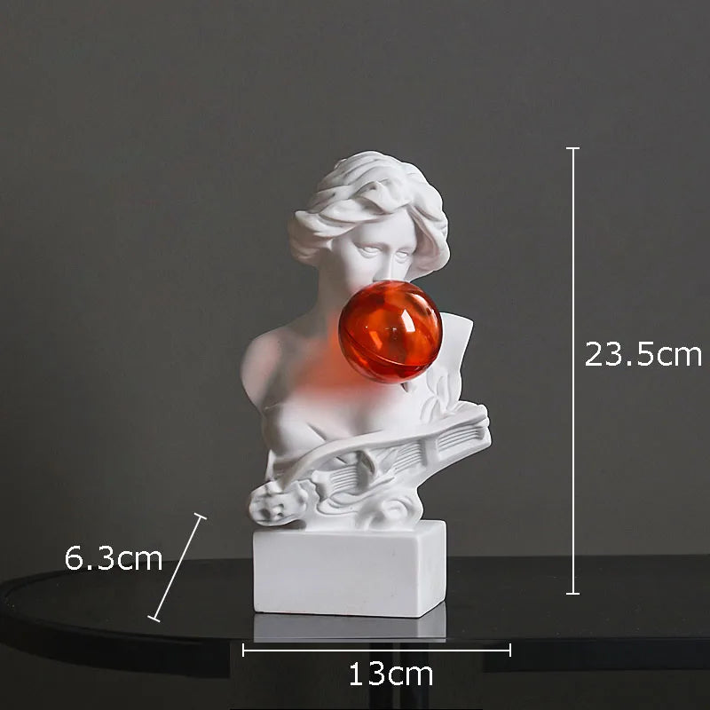 White classical-style bust sculpture light with a translucent orange-red orb on its lips, shown on a dark surface against a gray background with overlaid dimension lines and text reading 23.5cm, 6.