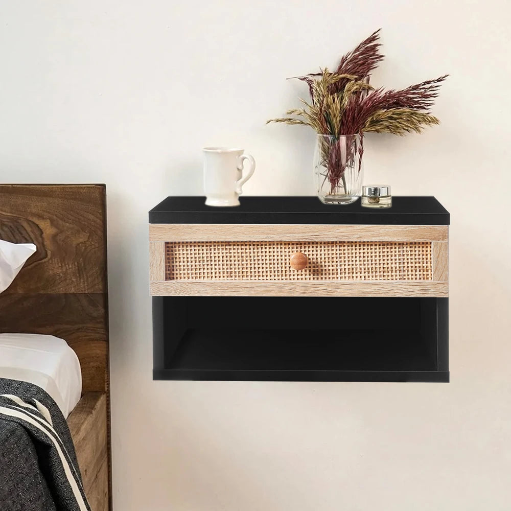 Floating Wall Mounted Bedside Table with Rattan Drawer