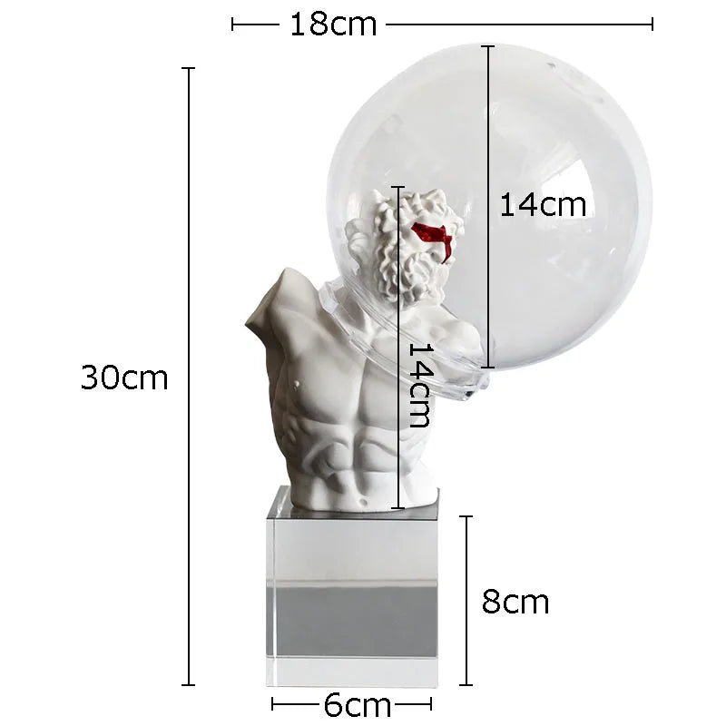 A white classical-style male bust sculpture light with a large clear spherical glass or acrylic head covering, shown on a transparent rectangular base. Black measurement lines and labels indicate dimensions: 30 cm total height, 18 cm top width, 14 cm head height, 8 cm base height, and 6 cm base width.