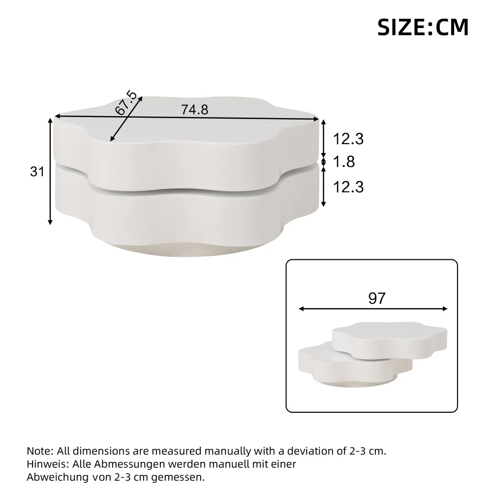 PINGGO Flower-Shaped Rotating Coffee Table - 2-Tier White MDF Rotating End Table & Sofa Side Table