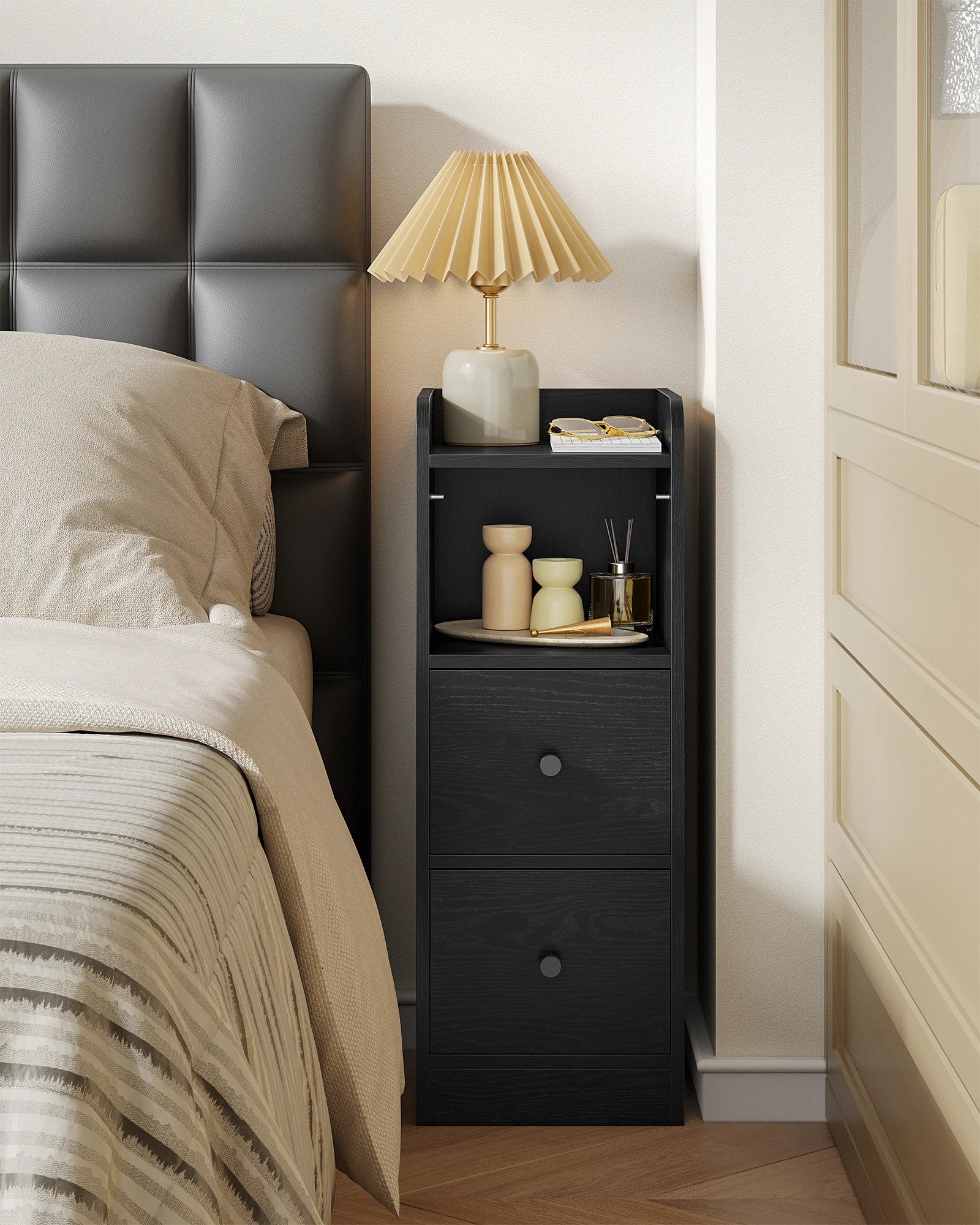 Slim Narrow Bedside Table with 2 Drawers & Open Shelf | Adjustable