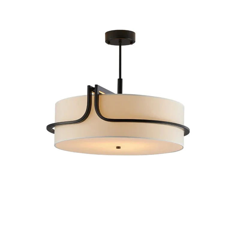 Ceiling light fixture with beige shade and black metal frame on a plain background
