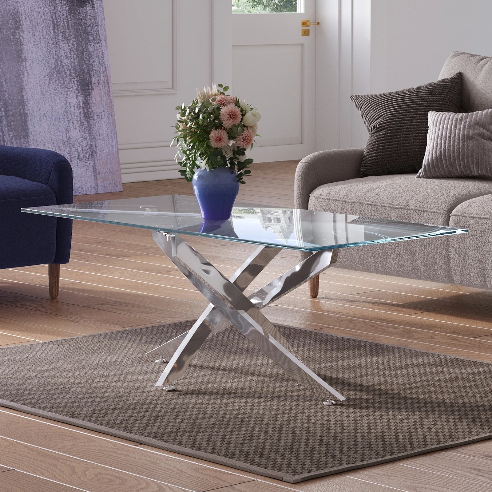 Breeins Modern Clear Glass Coffee Table with Stainless Steel X-Base – Rectangular Contemporary Living Room Table