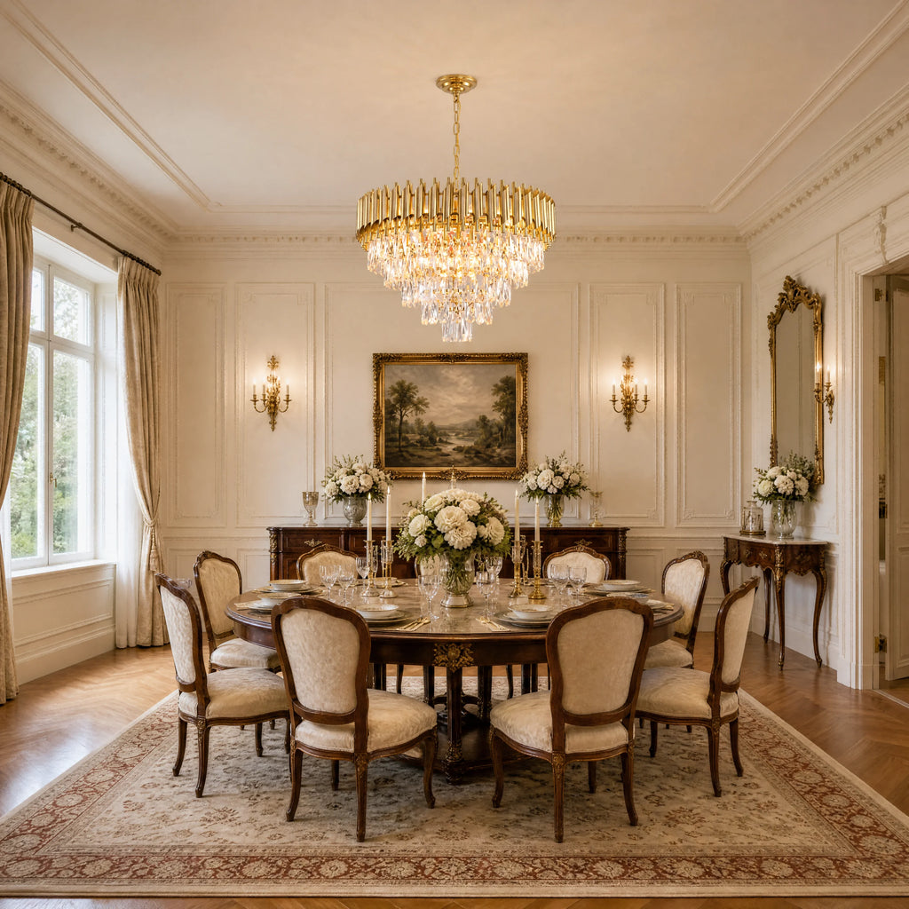 An elegant dining room featuring a round dark wood dining table surrounded by eight upholstered chairs, set on a large patterned area rug beneath a large gold-toned crystal chandelier. The room has white paneled walls, gold wall sconces, a framed landscape painting, and a large ornate mirror.