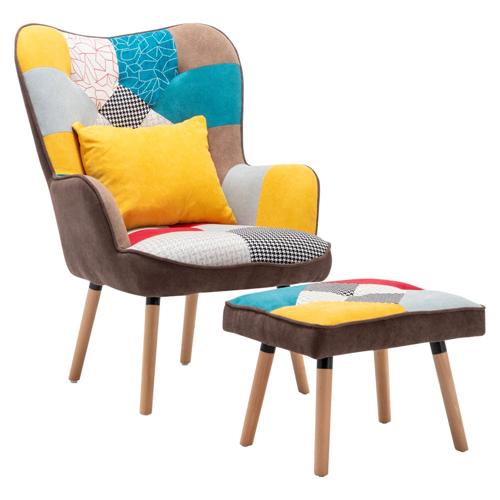 Multicoloured accent chair with vibrant patterned upholstery in a plain background