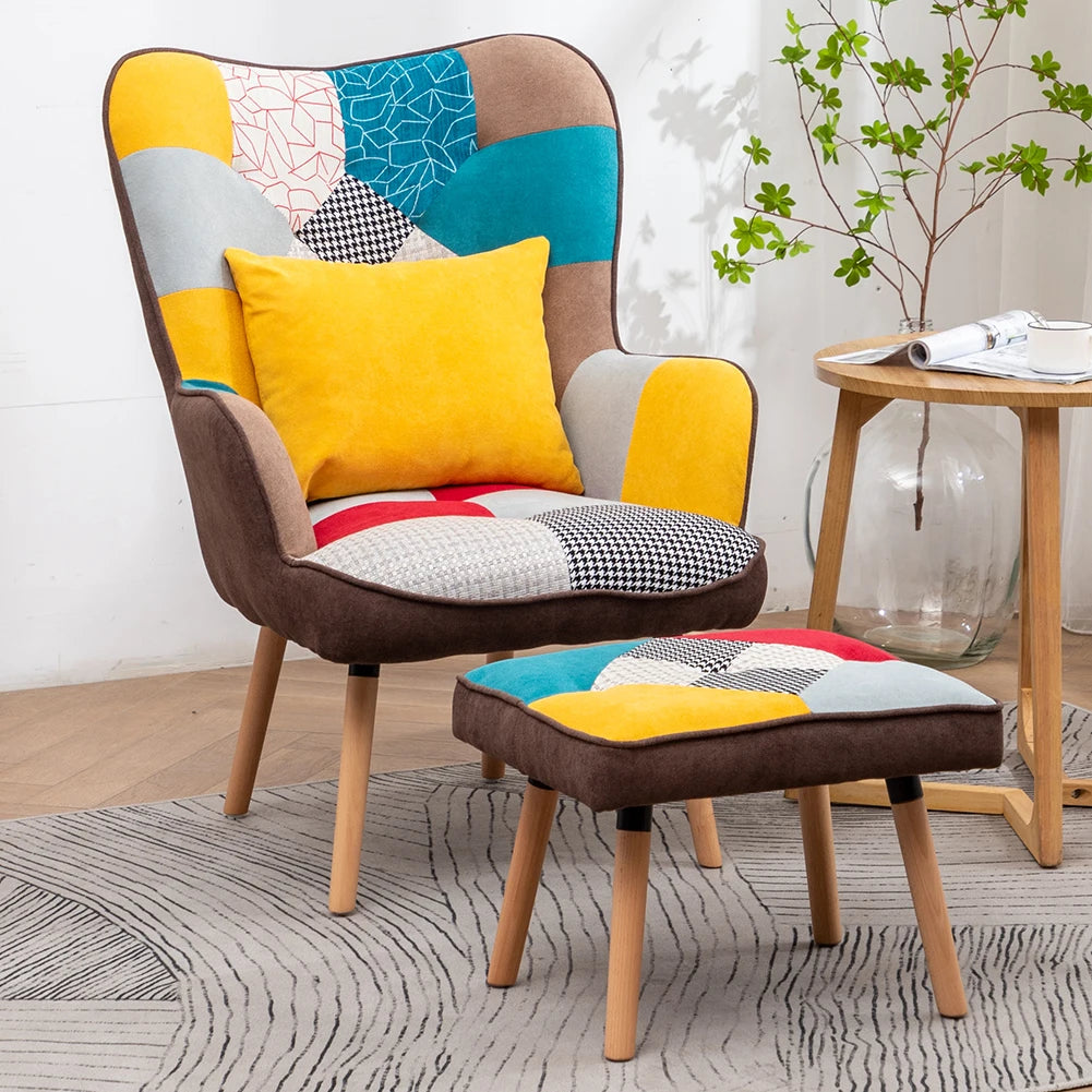 Multicoloured Wingback Armchair with Footstool