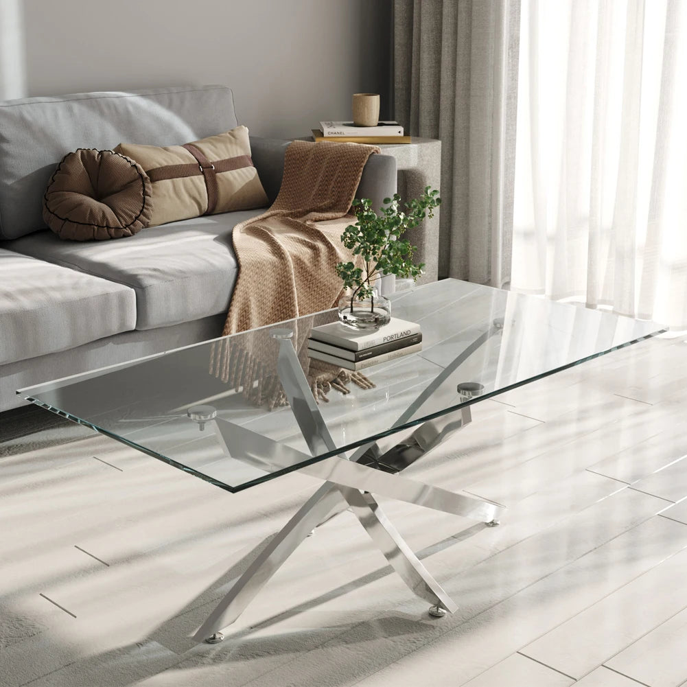 Breeins Modern Clear Glass Coffee Table with Stainless Steel X-Base – Rectangular Contemporary Living Room Table