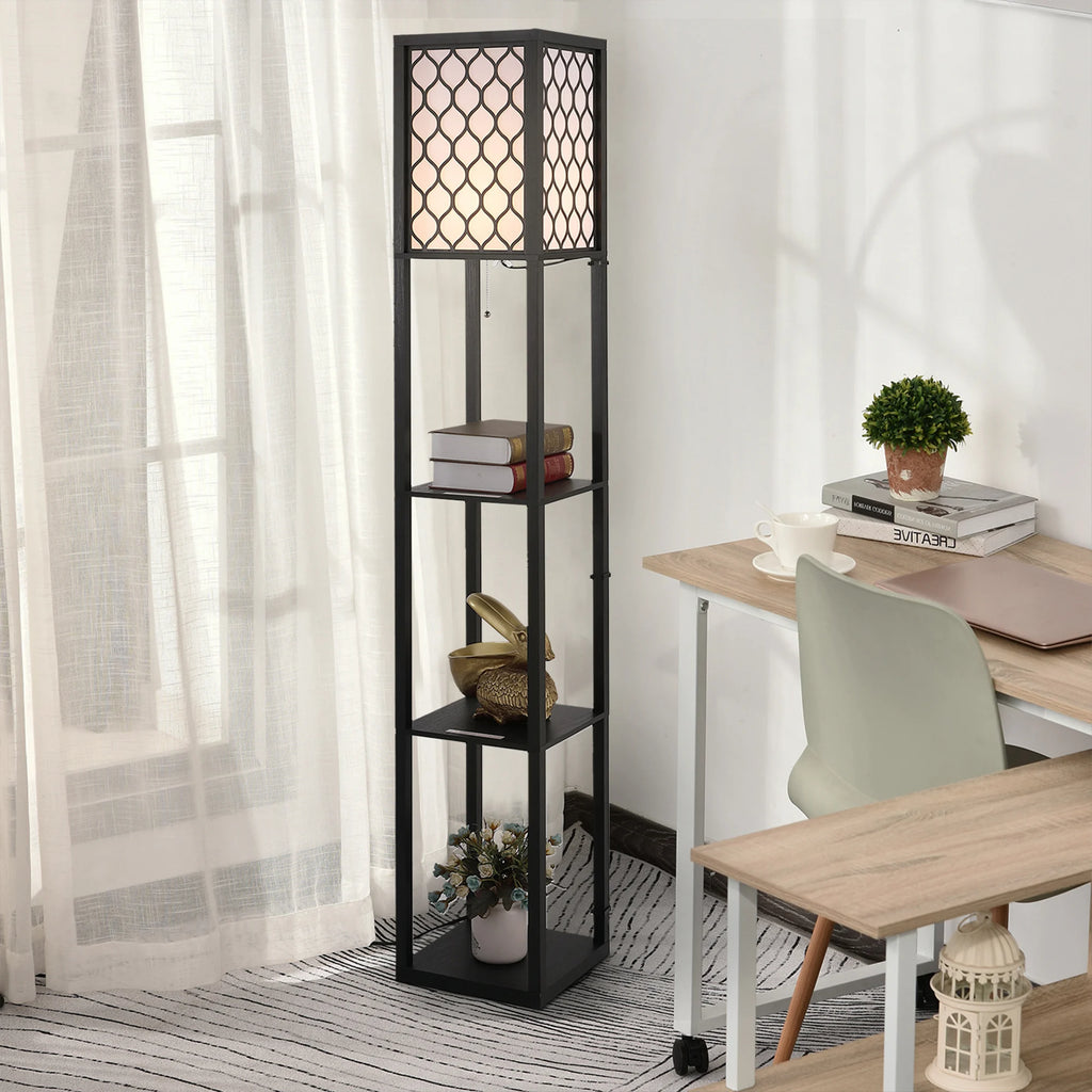 Black floor lamp with decorative lampshade in a room with a desk and chair.