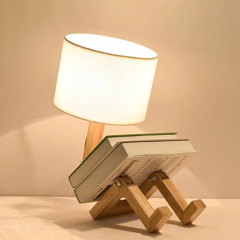Artisan Wooden Robot Table Lamp | Modern Adjustable Sculptural Desk Light
