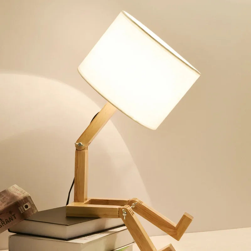 Artisan Wooden Robot Table Lamp | Modern Adjustable Sculptural Desk Light