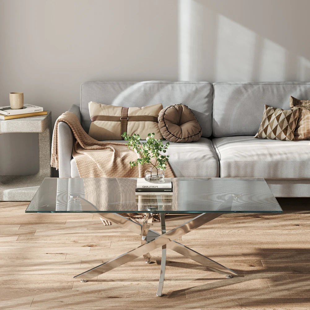 Breeins Modern Clear Glass Coffee Table with Stainless Steel X-Base – Rectangular Contemporary Living Room Table