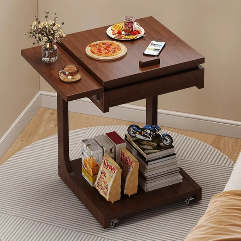 Mobile Bamboo Side Table with Adjustable Top & Hidden Storage