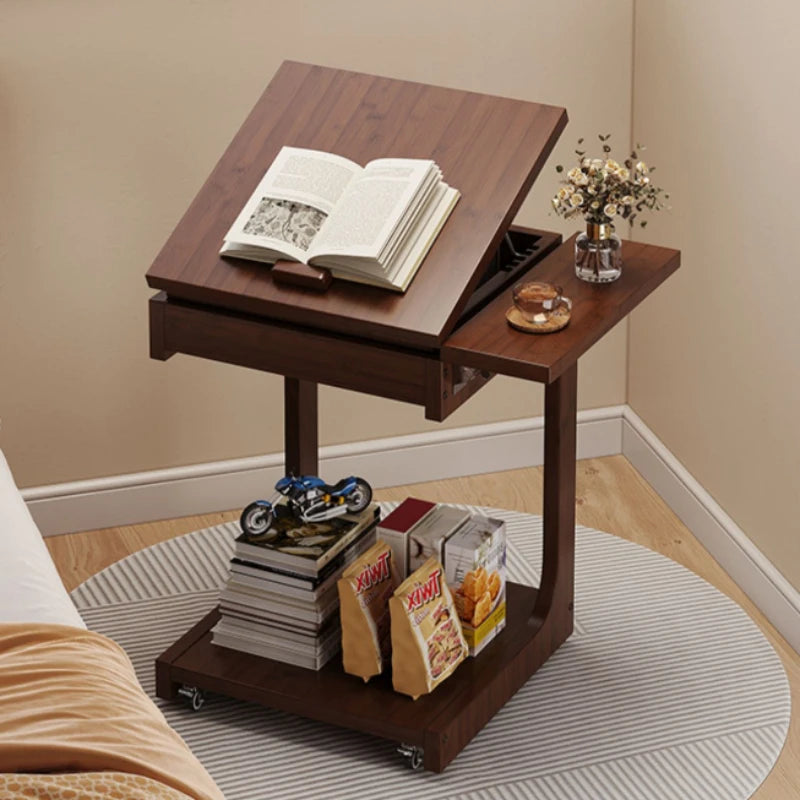 Mobile Bamboo Side Table with Adjustable Top & Hidden Storage