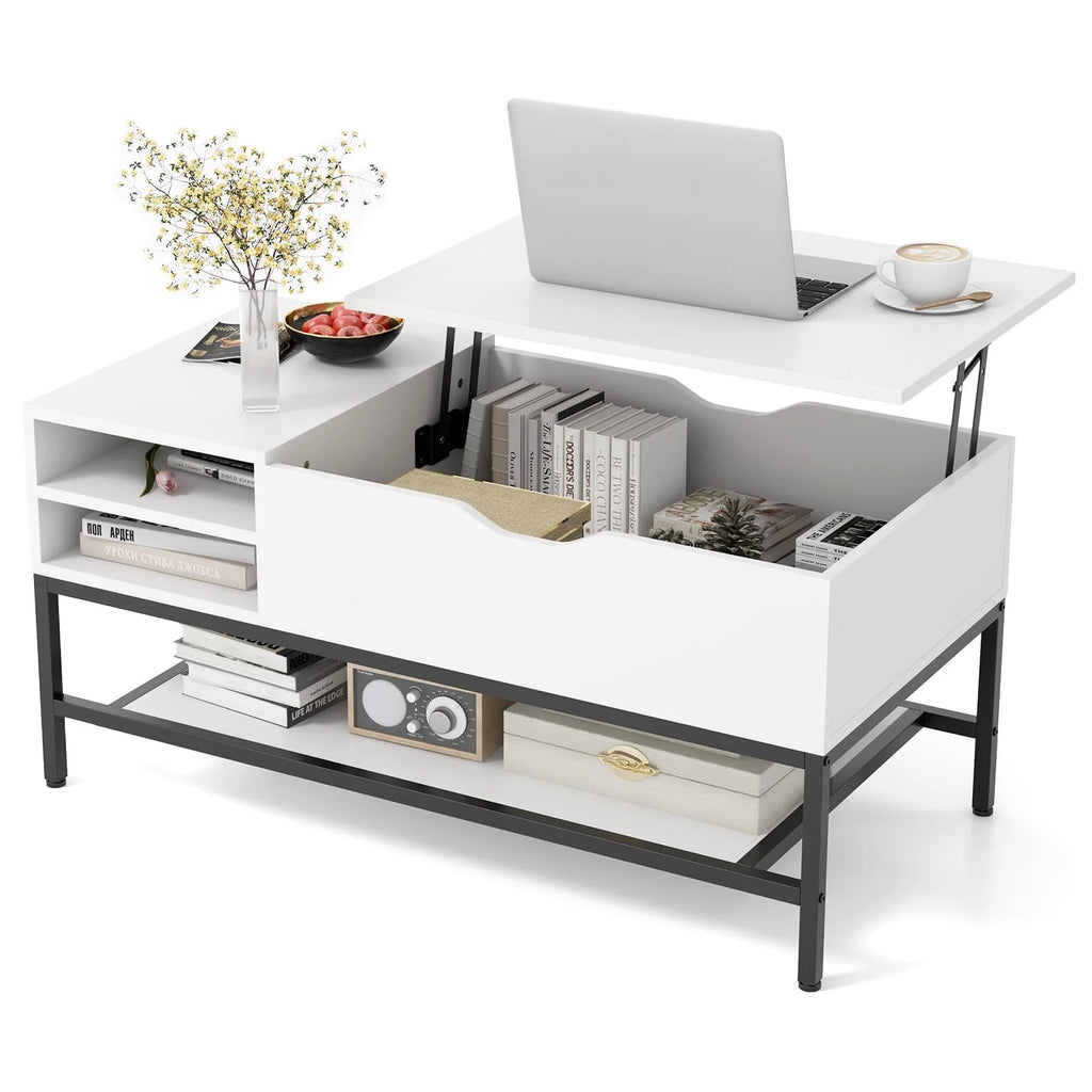 White Lift Top Coffee Table with Storage - Modern Lift-Up Living Room Table