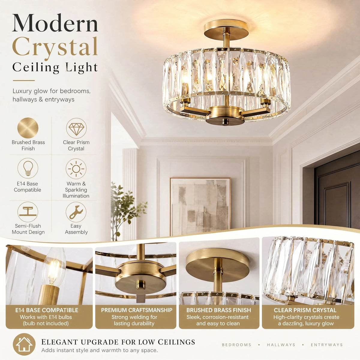 Modern crystal ceiling light fixture with gold finish and clear prisms, shown in a room setting.