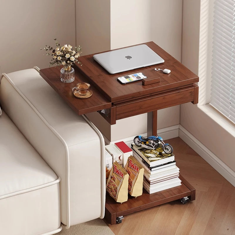 Mobile Bamboo Side Table with Adjustable Top & Hidden Storage