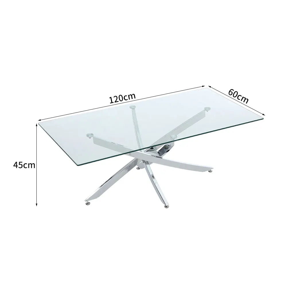 Breeins Modern Clear Glass Coffee Table with Stainless Steel X-Base – Rectangular Contemporary Living Room Table
