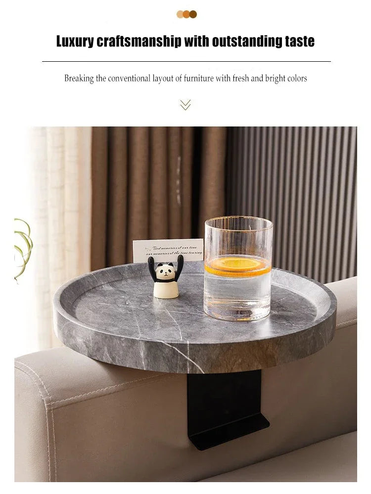 Round Marble Sofa Armrest Tray Table - Portable Mini Coffee Table