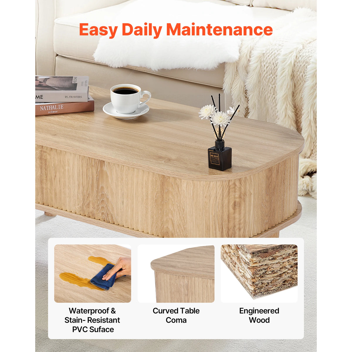 Wooden coffee table with a cup of coffee and decor items, featuring text on easy daily maintenance.