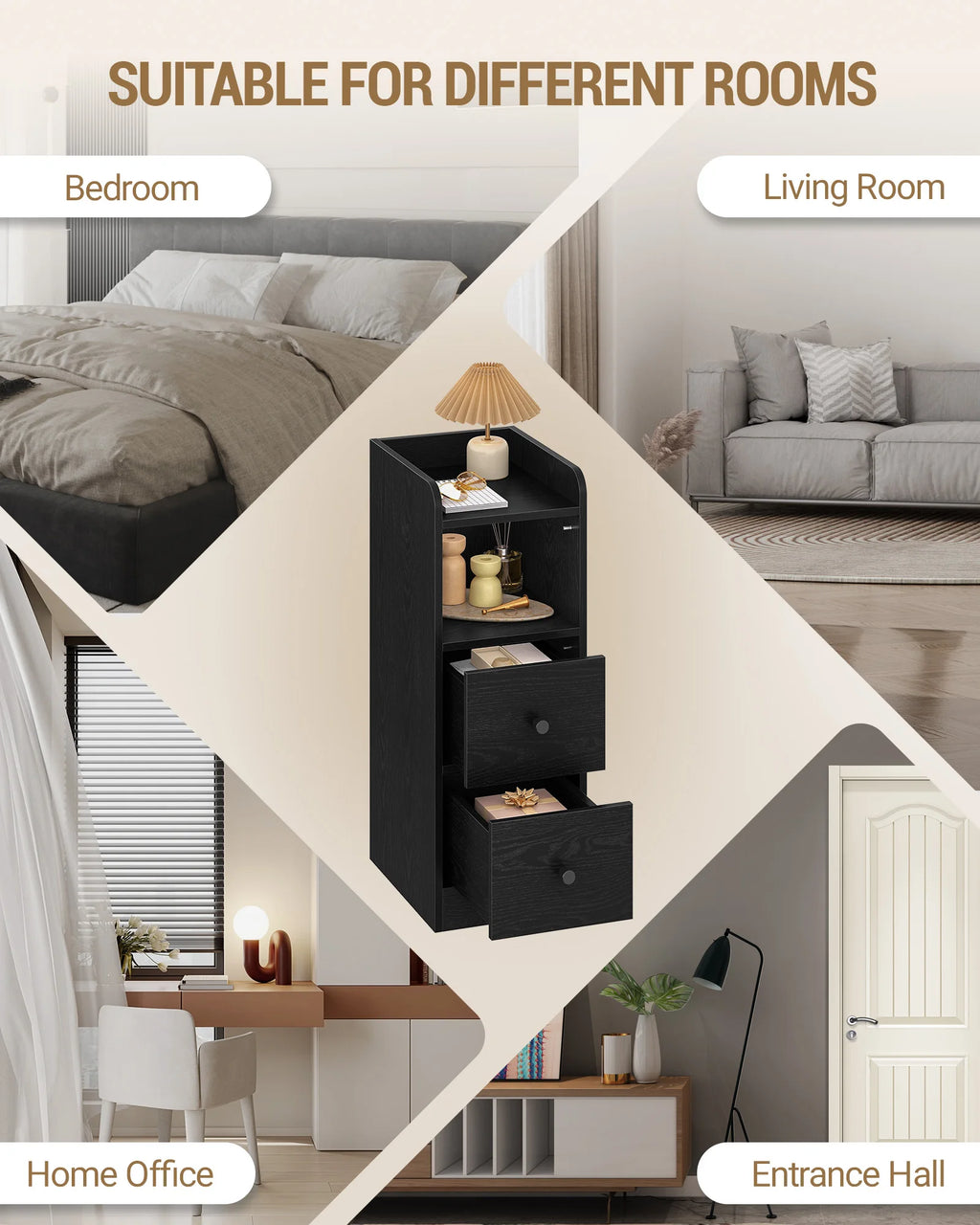 Slim Narrow Bedside Table with 2 Drawers & Open Shelf | Adjustable
