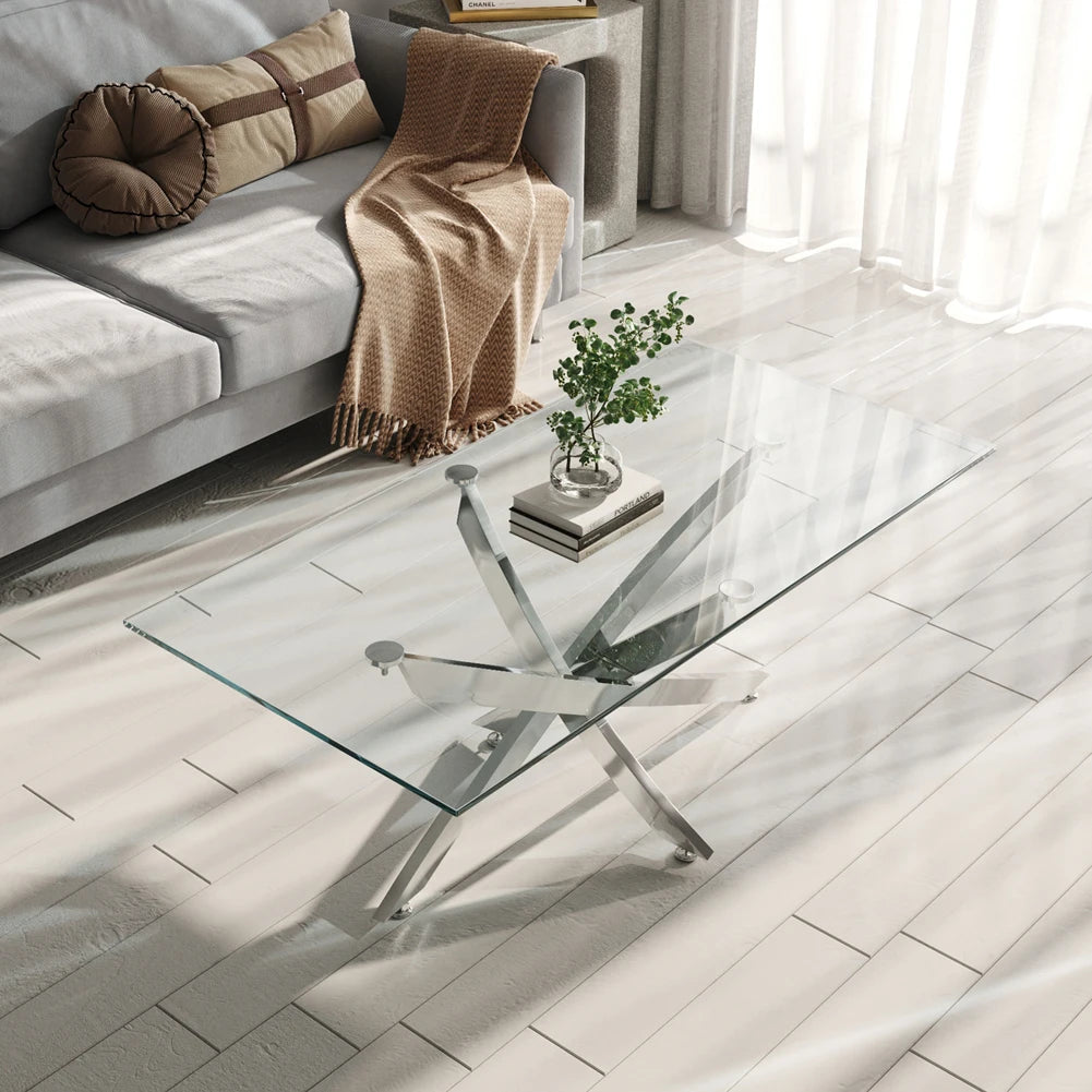 Breeins Modern Clear Glass Coffee Table with Stainless Steel X-Base – Rectangular Contemporary Living Room Table