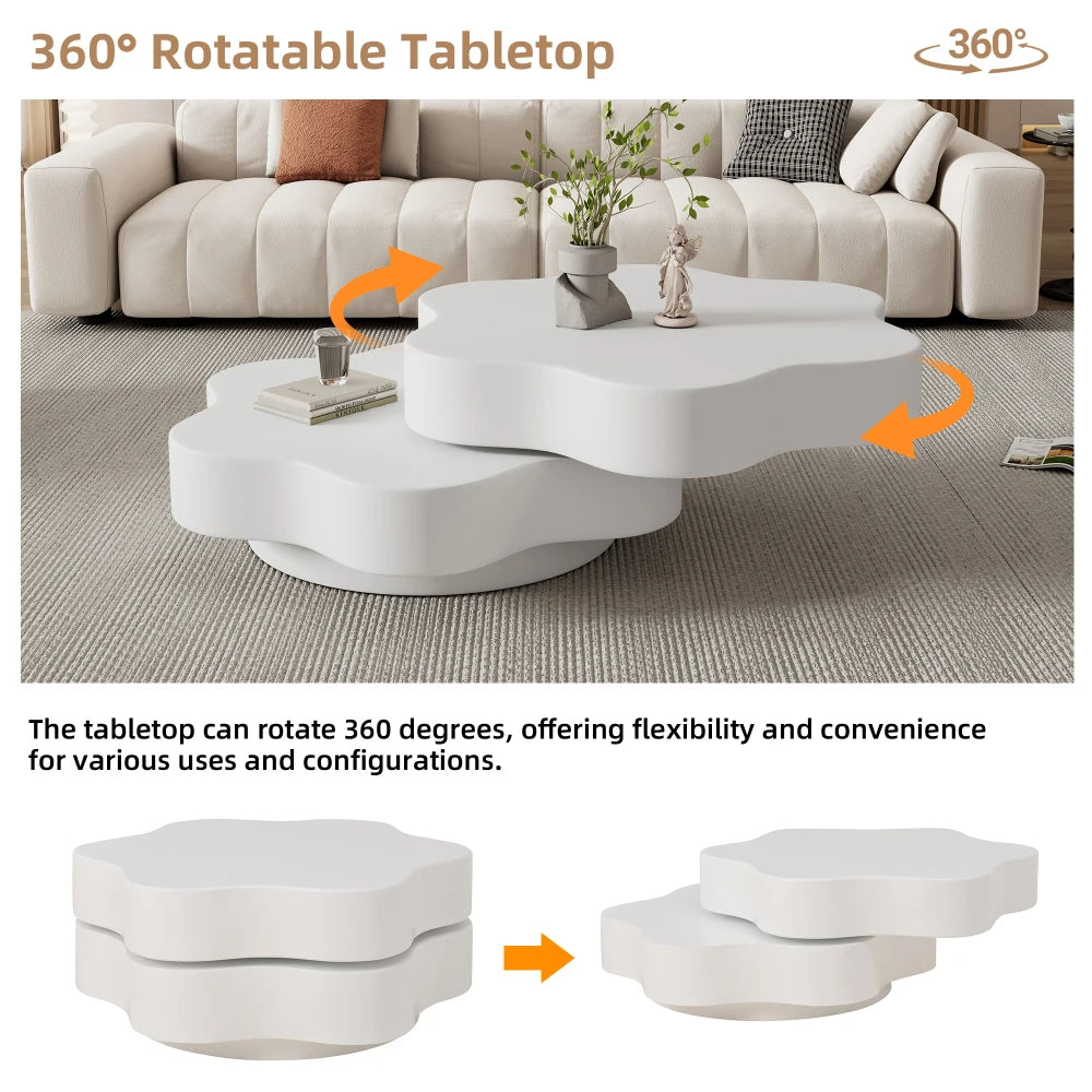 PINGGO Flower-Shaped Rotating Coffee Table - 2-Tier White MDF Rotating End Table & Sofa Side Table