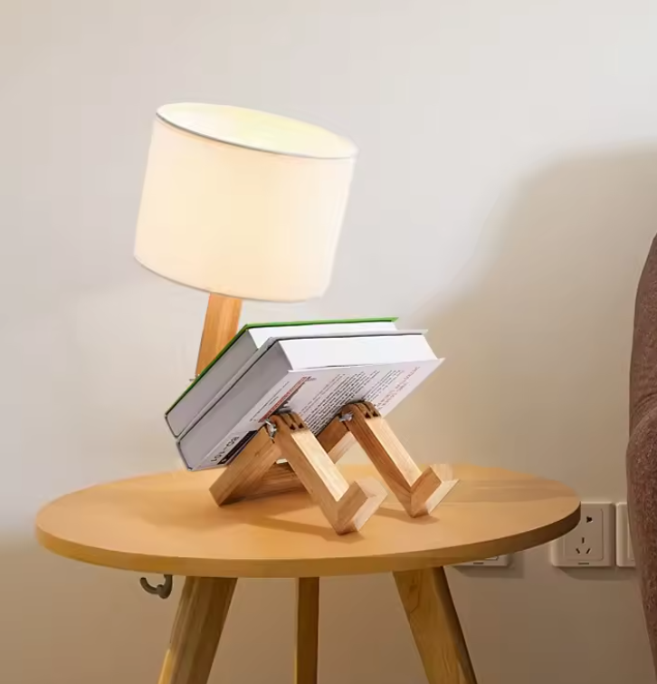 Artisan Wooden Robot Table Lamp | Modern Adjustable Sculptural Desk Light